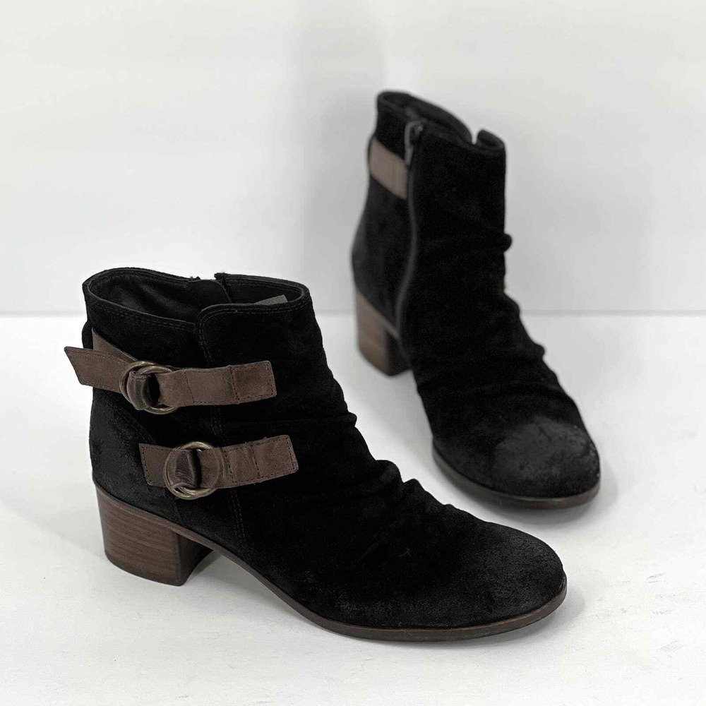 PAUL GREEN Newbury Ankle Boots Women 7 Black Suede Double Buckle Zip Block Heel